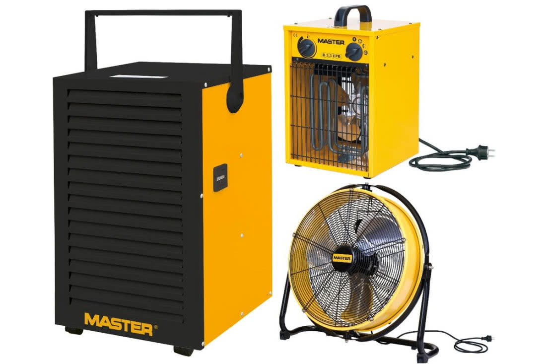 Nagrzewnica elektryczna MASTER B 3,3 (1,65-3,3 kW), osuszacz powietrza MASTER DH 732, wentylator MASTER DF 20. fot. MASTER Nagrzewnica elektryczna MASTER B 3,3 (1,65-3,3 kW), osuszacz powietrza MASTER DH 732, wentylator MASTER DF 20. fot. MASTER