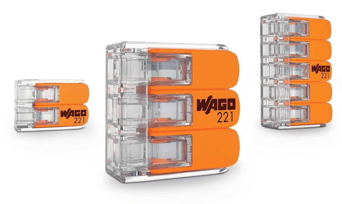 Złączki WAGO 221 do połączeń przewodów elektrycznych w puszkach. fot. WAGO Złączki WAGO 221 do połączeń przewodów elektrycznych w puszkach. fot. WAGO
