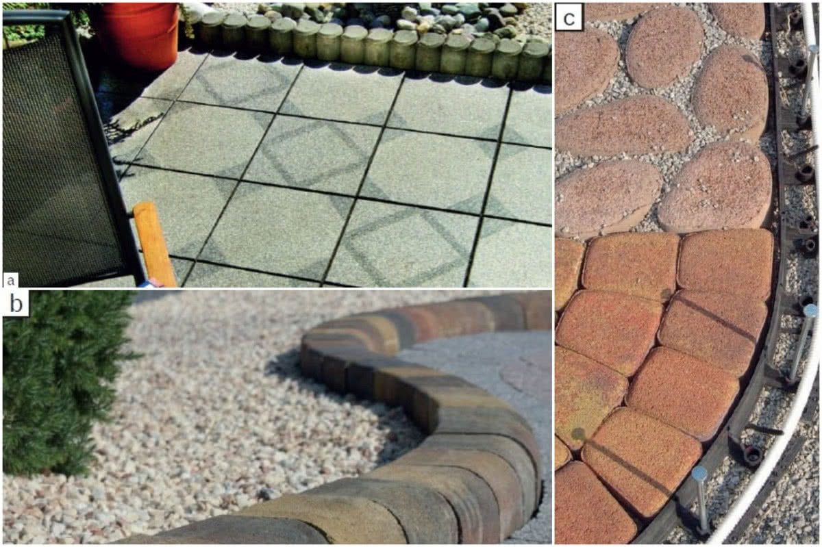 Różne rodzaje obrzeży: palisada (a), specjalne betonowe (b) i z surowców wtórnych (c) Różne rodzaje obrzeży: palisada (a), specjalne betonowe (b) i z surowców wtórnych (c)